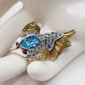 Vintage Monet Fish Brooch Blue Rhinestones Enamel Gold Fins Pin 1 1/2 Inch